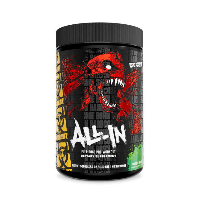 Contenant cylindrique noir mutant madness all-in 504g avec graphique rouge et blanc d un crâne rugissant supplément pré-workout comprenant citrulline malate et créatine monohydrate