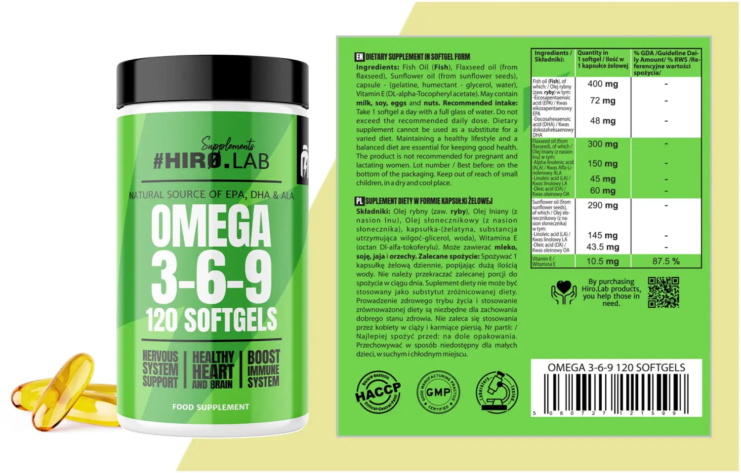 Composición y valores nutricionales del suplemento Omega 3-6-9 HIRO.LAB – Aporte de EPA, DHA y ALA para la salud cardiovascular