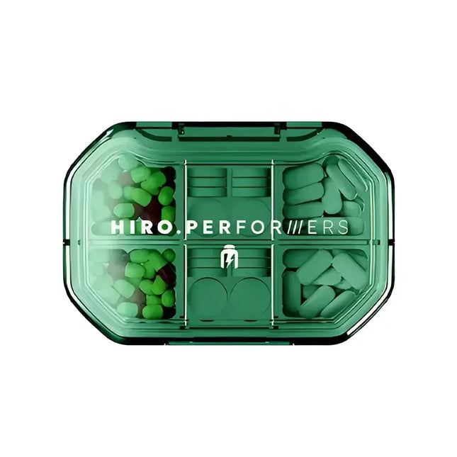 PillBox HIRO.PERFORMERS, boîte verte compartimentée pour le stockage de suppléments, vitamines et compléments alimentaires, idéale pour les sportifs