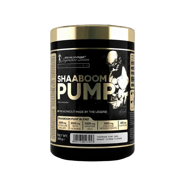 Conteneur cylindrique noir et doré de shaboom pump 385g poudre preworkout avec illustration musculaire sur l’étiquette