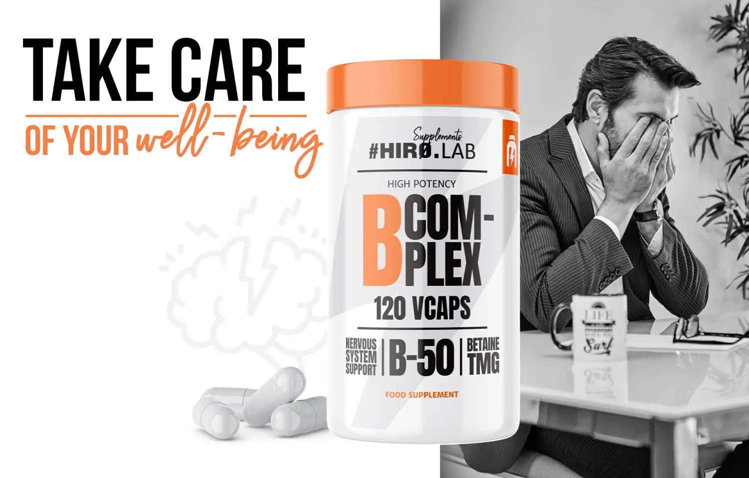 Suplemento alimenticio B-Complex Hiro.Lab – 120 cápsulas vegetales, apoyo del sistema nervioso y reducción de la fatiga. Fórmula enriquecida con vitaminas B, betaína TMG y metilcobalamina.
