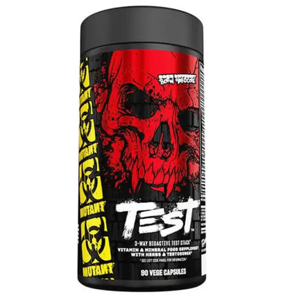 Conteneur cylindrique rouge et noir mutant test test 90 capsules avec logo crane et symboles biohazard jaunes ingrédients cliniquement testés