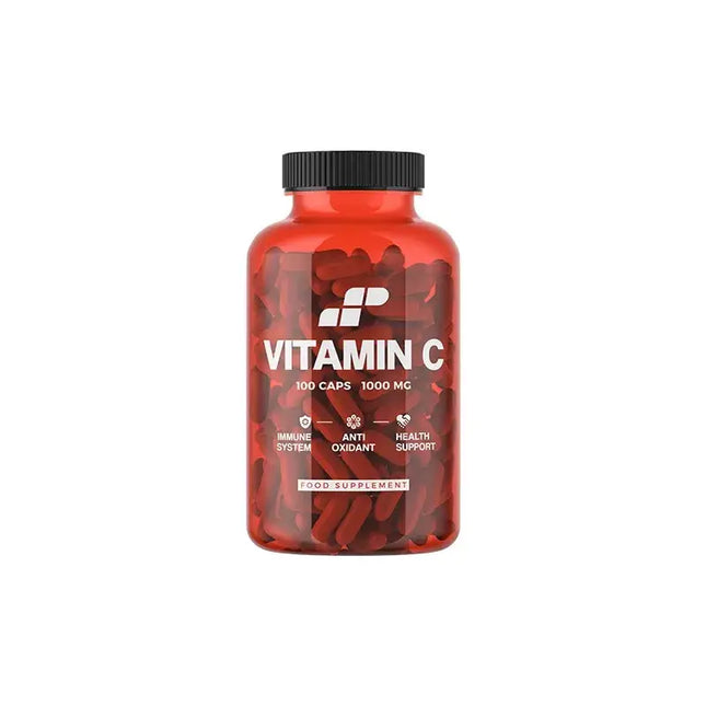 Bouteille rouge en plastique de capsules de vitamine c 1000mg avec étiquette blanche pour système immunitaire et stress oxydatif