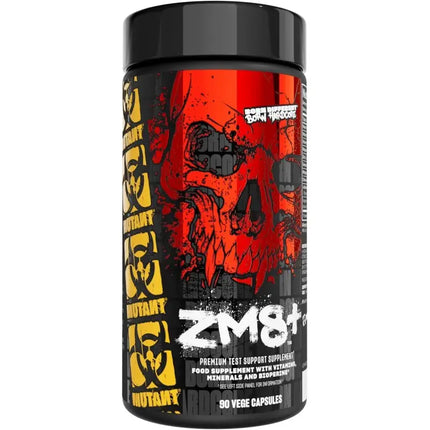 Flacon noir cylindrique avec graphique rouge et jaune tete de mort label formule zma avancée zm8+ 90 capsules associant zinc