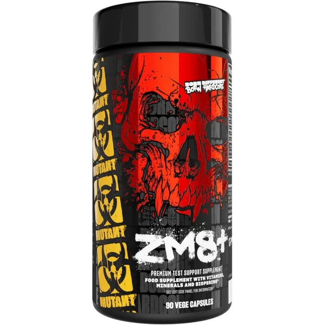 Flacon noir cylindrique avec graphique rouge et jaune tete de mort label formule zma avancée zm8+ 90 capsules associant zinc